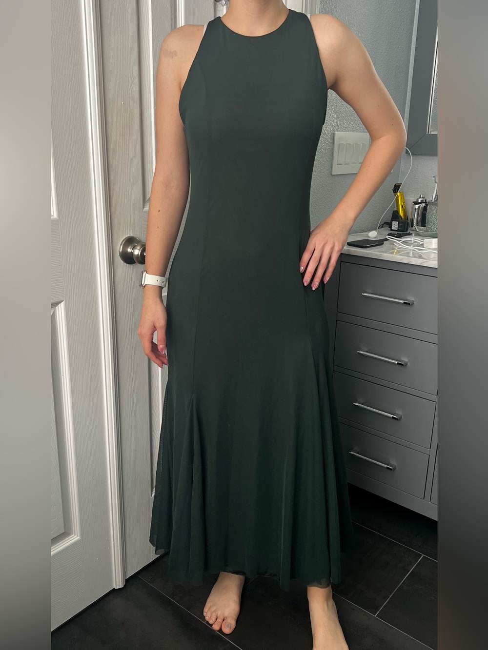 Zara Long Tulle Godet Sleeveless Maxi Dress with Side Slit, Dark Green, Size L - Picture 13 of 13